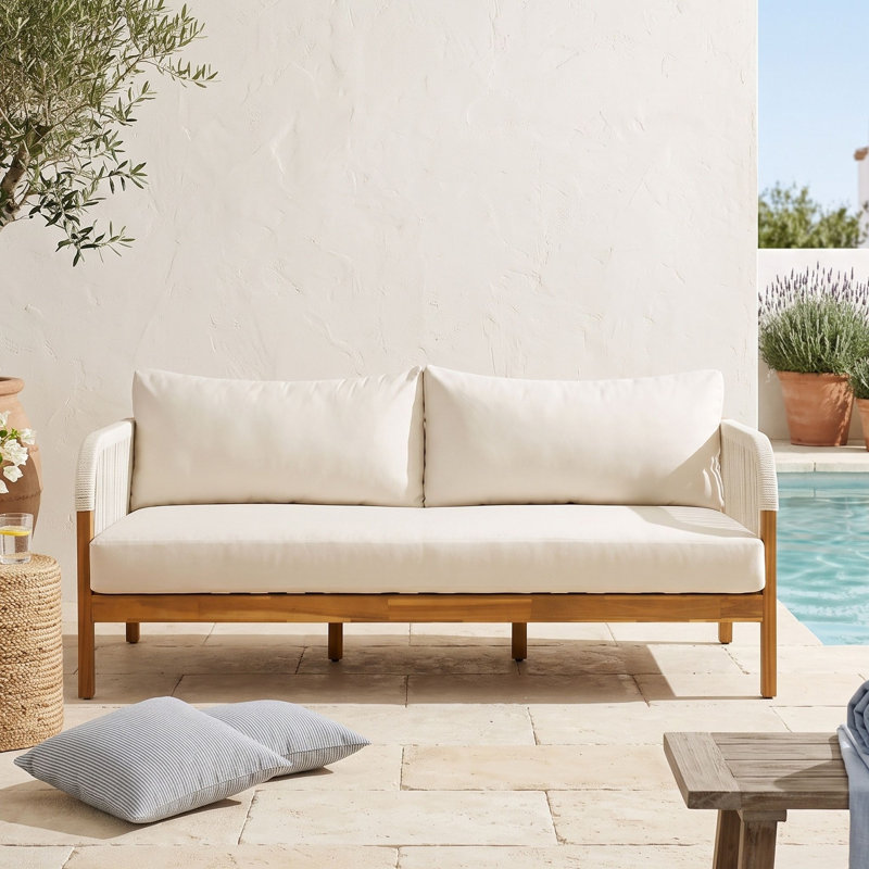 Canapé de patio en bois avec 2 coussins et coussin d'assise, Beige