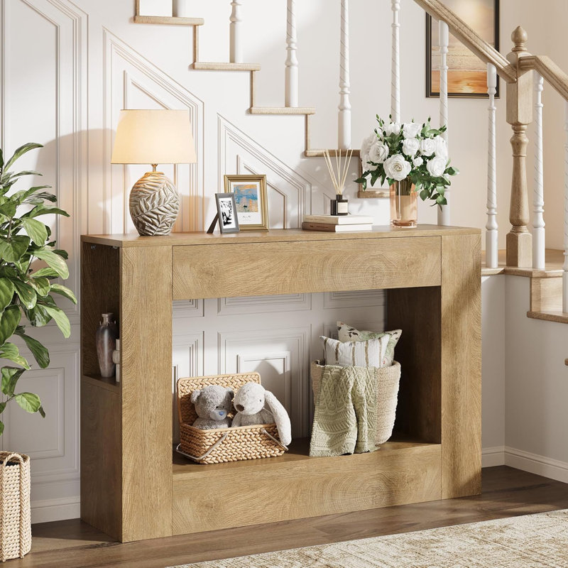 47" Farmhouse Wood Console Table With Drawer And Storage Shelves For Entryway, Natural Wood