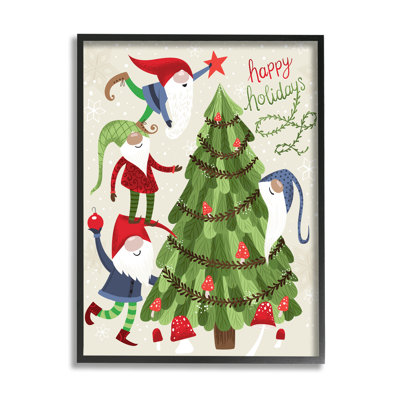 Joyeuses fêtes, gnomes de Noël, champignon, arbre noir, art numérique sur estampe numérique par Arrolynn Weiderhold