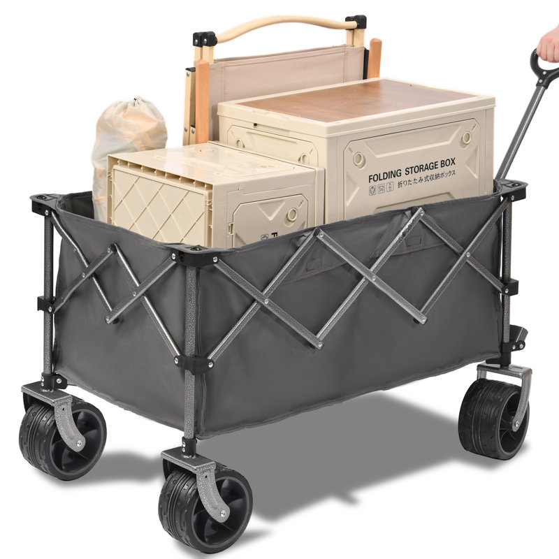 14 cu. Pi. Chariot de jardin pliant gris en métal avec grandes roues pliable 400 L chariot de plage pliable Max 450 Lbs