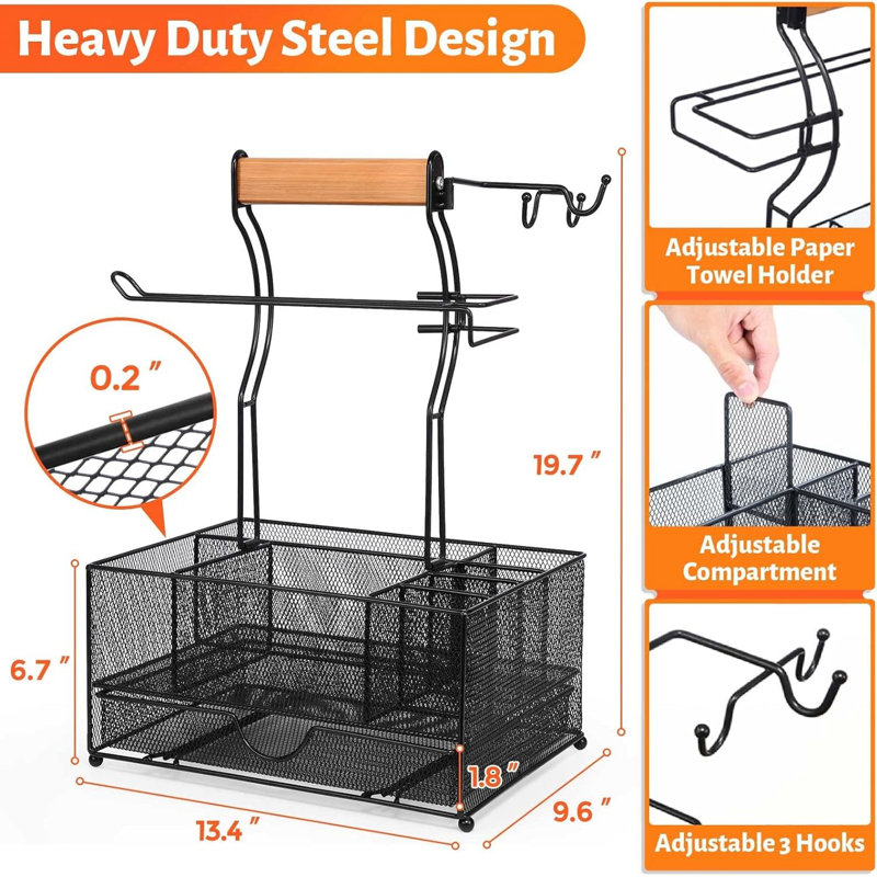 Black Mesh Metal BBQ Utensil Caddy with Wooden Handle