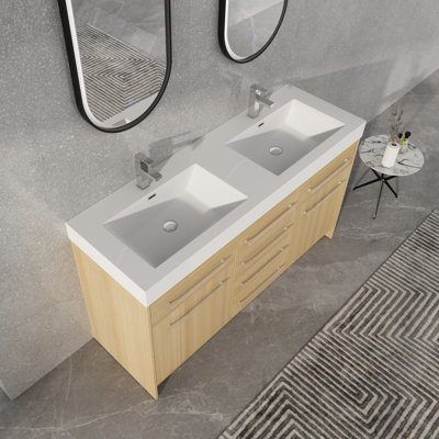 Meuble-lavabo double 59 1/16 po - Armoire en chêne clair avec plusieurs tiroirs, quincaillerie à fermeture en douceur et lavabo intégré