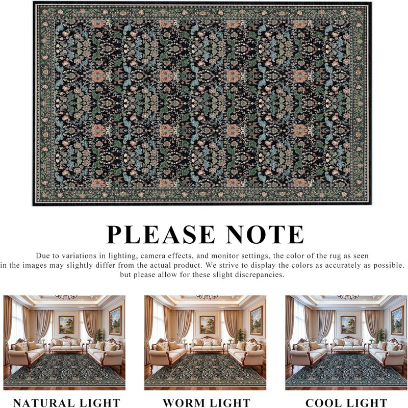 Floral Area Rug - Soft Oriental Vintage Farmhouse Style for Bathroom Entryway Kitchen - Non-Slip Backing Low Pile Stain Resistant Indoor Mat (Black)