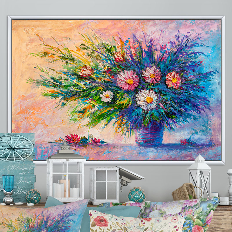 Bouquet moderne de fleurs de marguerite - œuvre d'art traditionnelle sur toile, H 8 po x l 12 po x P 1 po