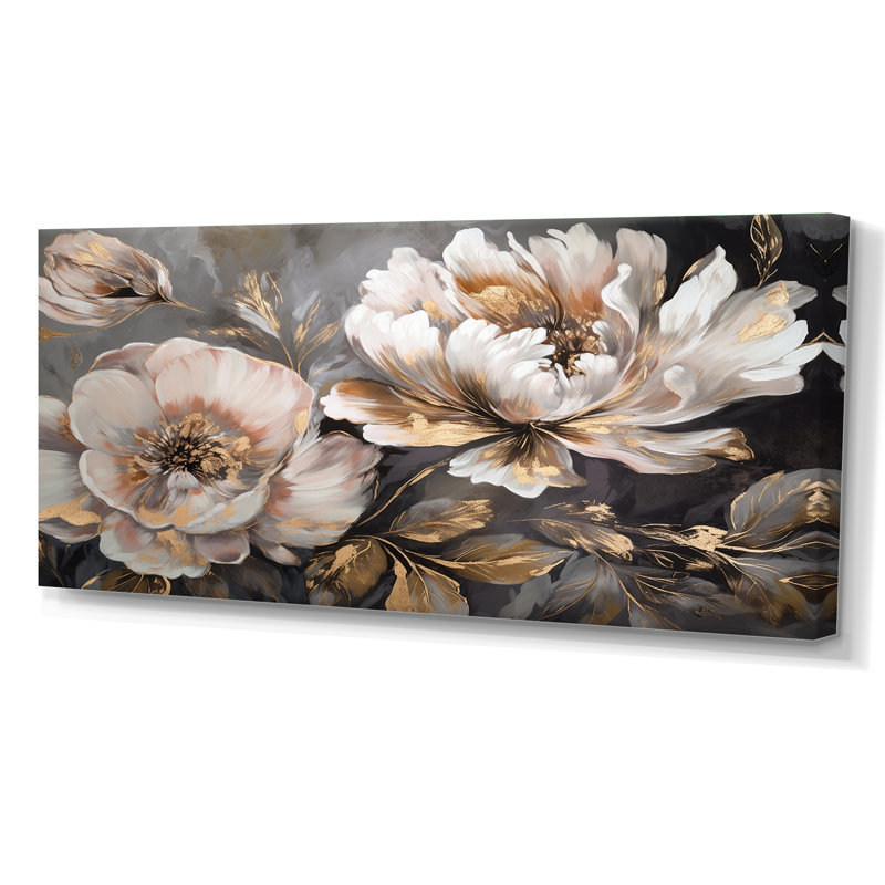 "White Grey Peony Blooms In Motion IV" - pivoines, art encadré, Toile tendue, H 28 po x l 60 po, Sans cadre