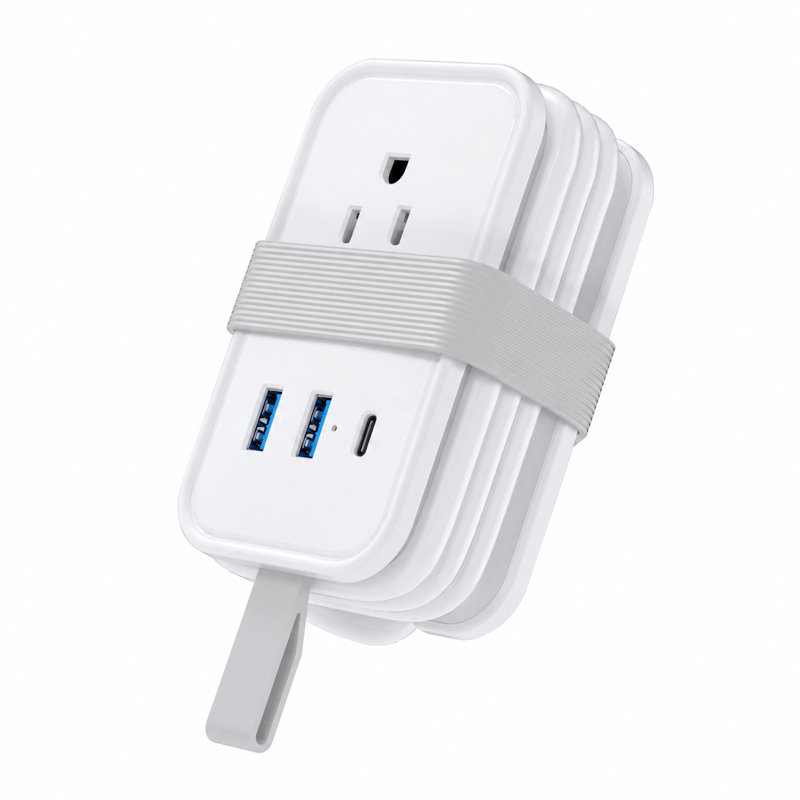 Barrette d'alimentation de voyage portative à 3 prises CA non ergonomique avec 2 ports USB-A et 1 port USB-C, 3 pi. Cordon, blanc