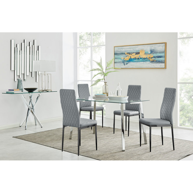 Eubanks Cosmic Luxury Glass and Chrome Dining Table Set with 4 Quilted Faux Leather Dining Chairs, Grey/Black