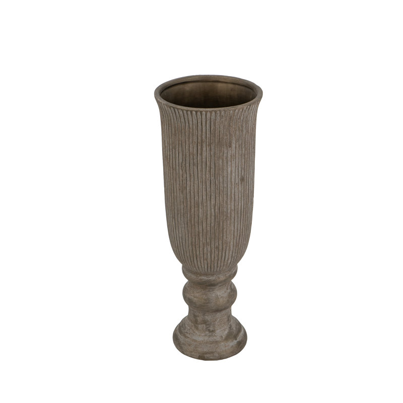  Terracotta Pedestal Vase With Bronze Ridged Design, 16.3" H x 6.1" W x 6.1" D