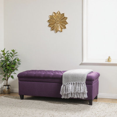 Fabric Storage Ottoman in Light Blue with Birch Legs, 50" Seating & Hidden Storage
