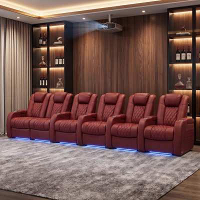 Fauteuil inclinable électrique berçant en cuir véritable avec éclairage ambiant à DEL 7 couleurs, appui-tête réglable, charge USB et porte-gobelet pour le cinéma maison