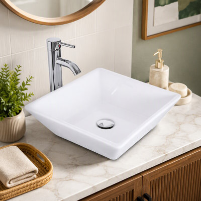 Lavabo vasque carré en céramique avec robinet et bonde escamotable, meuble-lavabo en porcelaine blanche biseauté 16 x 16 po