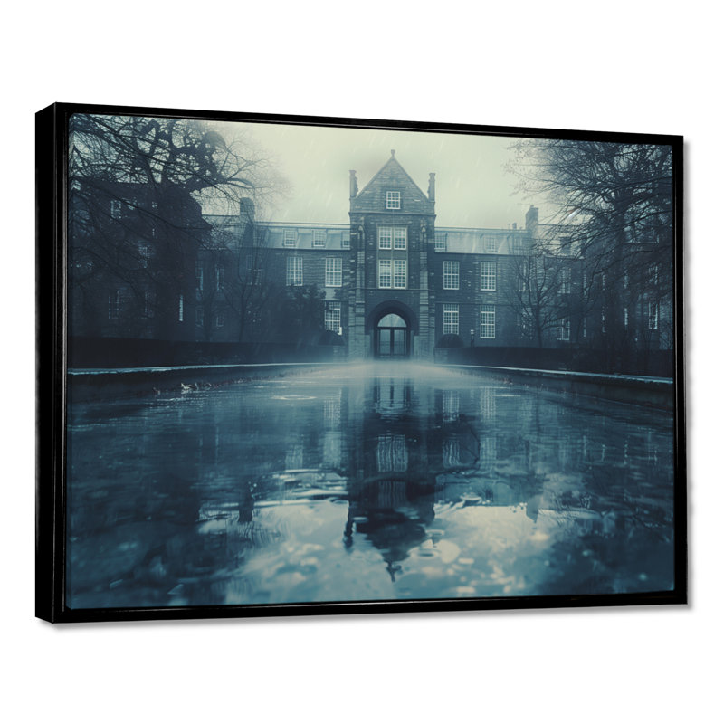 Impression sur toile grise «Stormy Charm II - College & University Buildings» de l'Université Grey, Cadre flottant argent