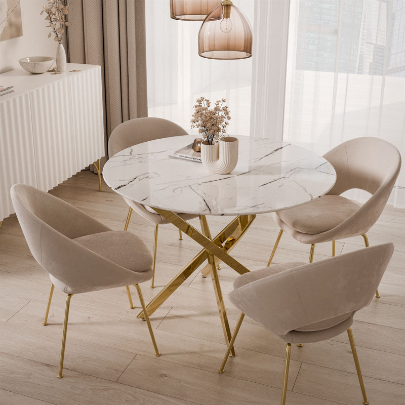 Chatalina Round Glass Top Dining Table, White Marble