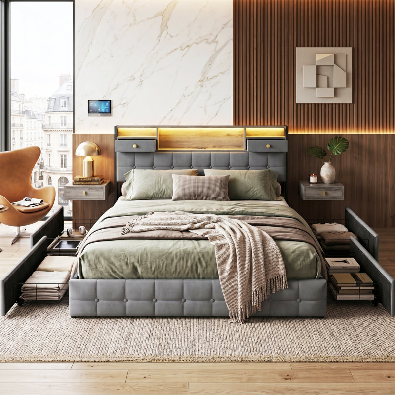 Velvet Storage Bed with 4 Drawers, Tufted Headboard with RGB LED & Charging Station, Beige/Grey, EU Double & King Size 140/160x200cm