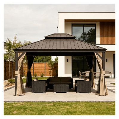 11x13FT Hardtop Gazebo with Galvanized Steel Double Roof, Outdoor Metal Pergola with Privacy Curtains & Netting for Patio and Backyard