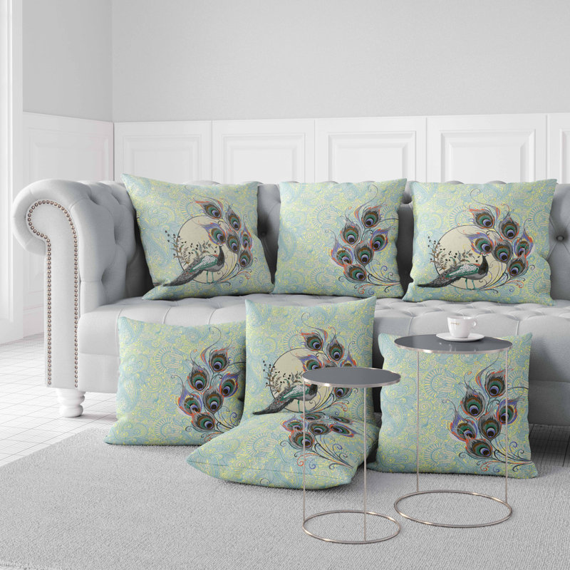 Skyblue and Yellow Paisley Peacock Faux Suede Throw Pillow