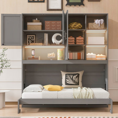 Lit escamotable mural avec armoire supérieure, tablettes, lit pliable peu encombrant avec éclairage et port USB
