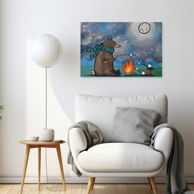 Bear Campfire Night Abstract Contemporary Bear Forest Landscape Wall Art Print