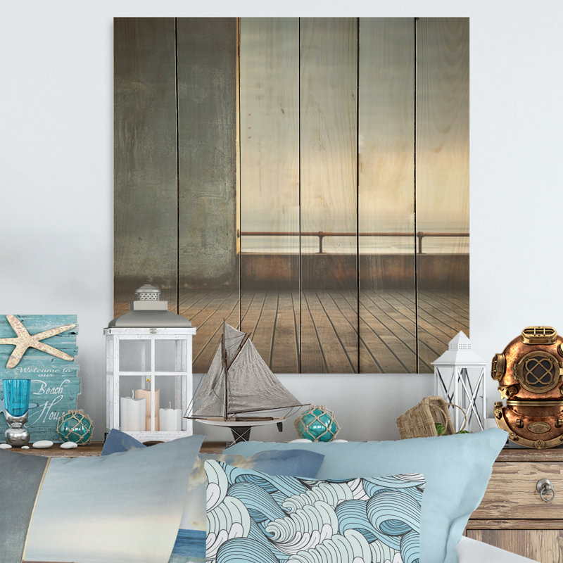 Monochrome Black And White Pier Horizon I - Coastal Pier Wood Wall Art On Natural Pine Wood, 25" H x 25" W