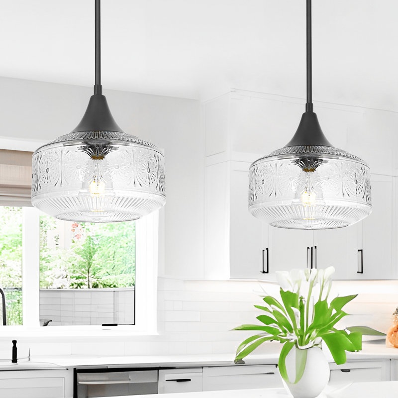 9.25" Matte Black Adjustable Pendant Light with Clear Glass Shade, Clear, Matte Black