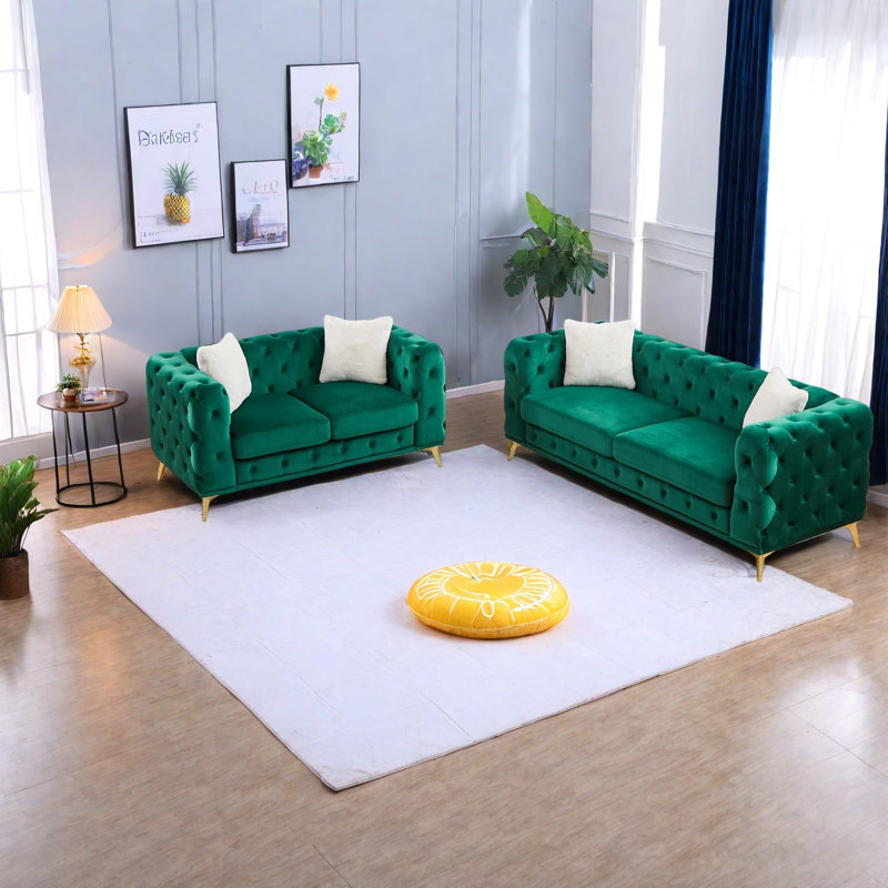 Ensemble de canapés à compression, salon en velours vert avec cadre en bois