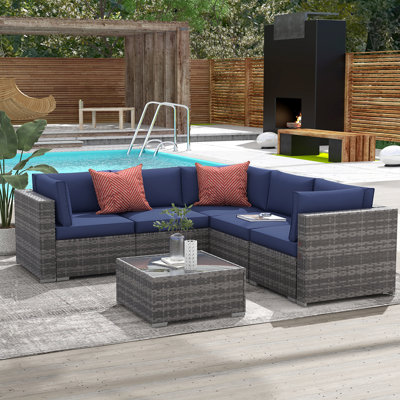 Ensemble de conversation modulaire en rotin avec coussins 6 pièces Alexaundra