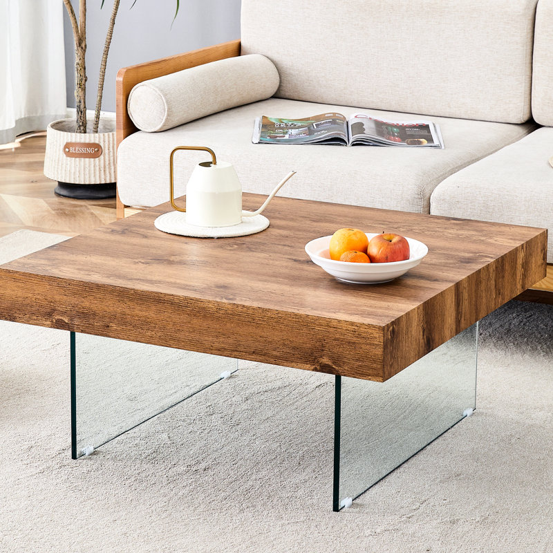 Table basse carrée en panneau de fibres à densité moyenne de style 31,5 po x 31,5 po avec pieds en verre trempé. Autocollant de panneau de densité, verre renforcé.