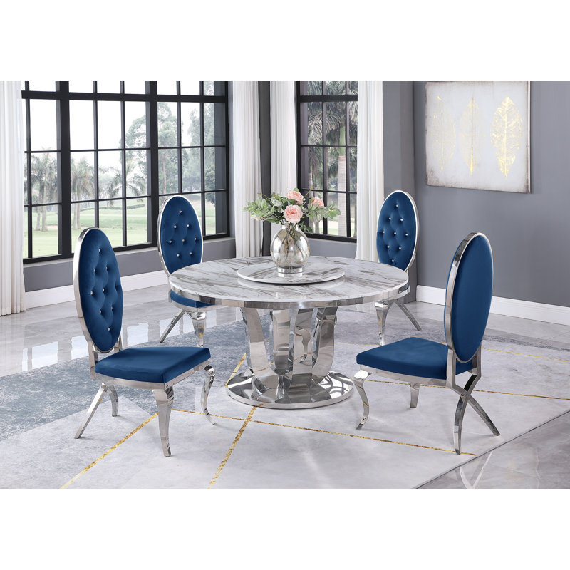 Ensemble repas pour 4 personnes North Adams, Marbre blanc, Bleu marin / Argent, Argent