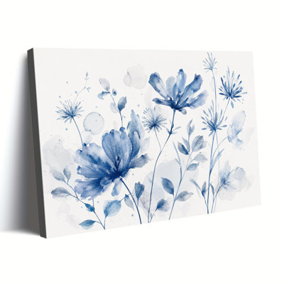Reproduction d'art mural sur toile, aquarelle, fleurs bleues indigo, éclaboussures, encre, minimaliste, fond blanc, chambre à coucher, décoration murale