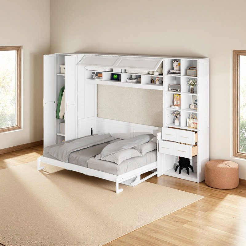 Lit escamotable Murphy avec placard, tiroirs et tablettes, Grand lit