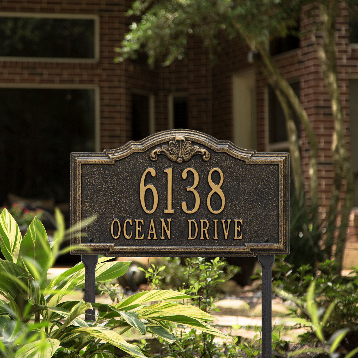 Gatewood Personalized Standard 2-Line Lawn Address Sign, Black/Gold, Yes