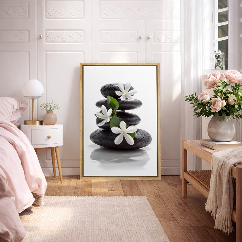 Zen Stones Basalt with Calming Plumeria Flowers Relaxing Bathroom Pictures On Canvas Print Wall Art, 24" H x 16" W
