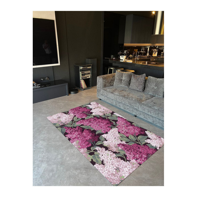 Hydrangea Flower Pattern Multicolor Woven Base Digital Printed Machine Washable Rug, Runner 3'3" x 9'10" Rug Pad Included