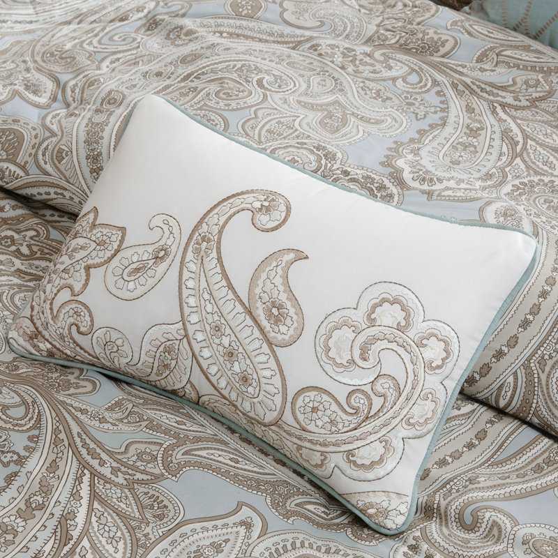  Ronan Cotton Paisley Comforter Set, Blue, Full/Queen Comforter + 2 Shams + 2 Throw Pillows
