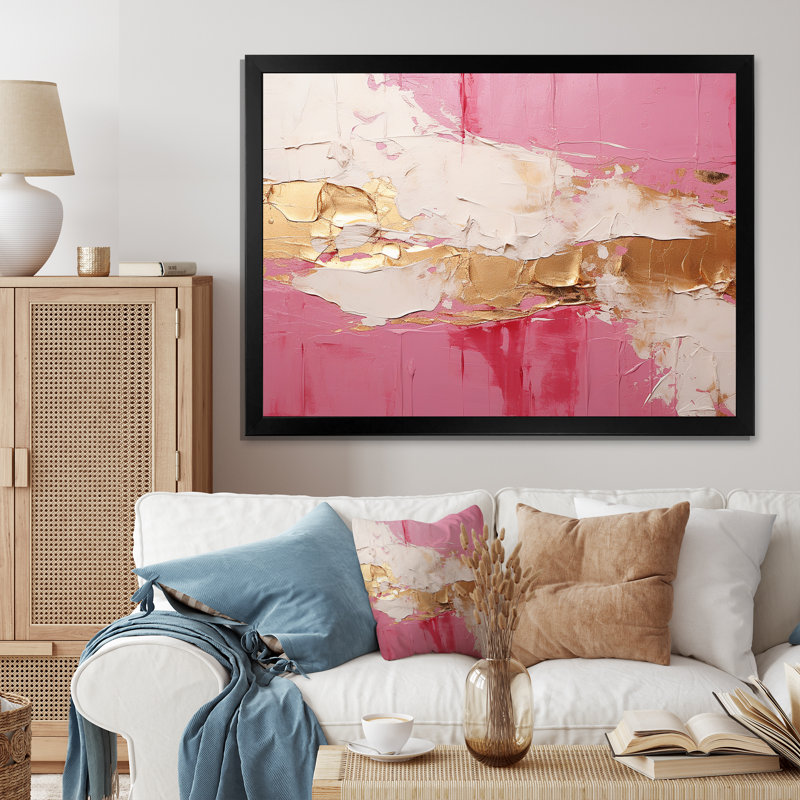 «Minimalisme rose et doré Horizon I», reproduction d'art sur toile encadrée, H 24 po x l 32 po x P 1 po, Cadre simple noir