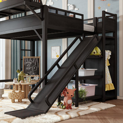 Lit mezzanine pleine grandeur avec glissade, tablettes de rangement et garde-robe intégrée, cadre de lit mezzanine en métal avec ports USB et lumières DEL, avec panneau perforé, sécuritaire et solide