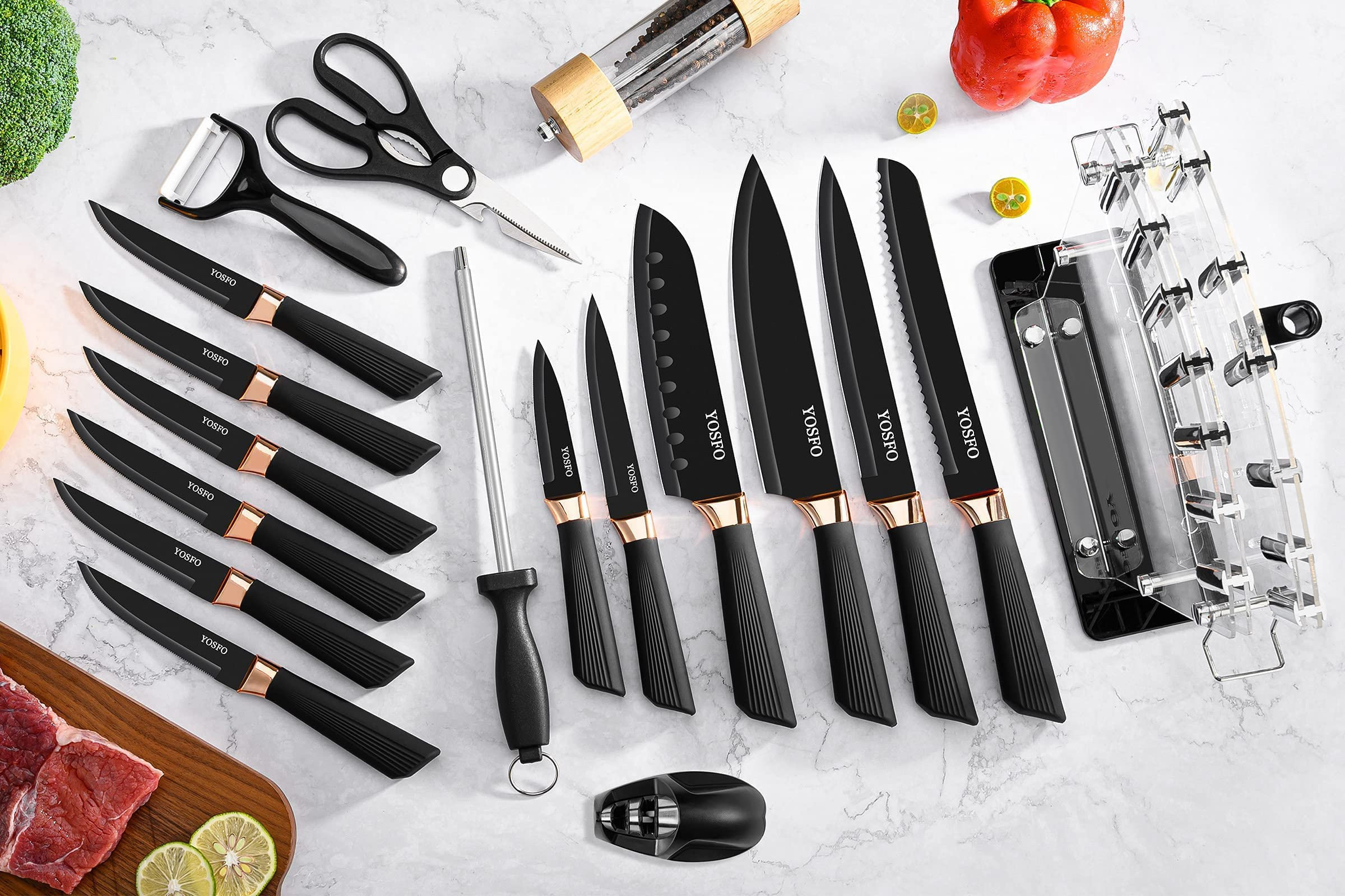  17 Pieces Kitchen Knives Set with Stainless Steel Blades,  Acrylic Stand, Scissors and More with Accessories: Home & Kitchen