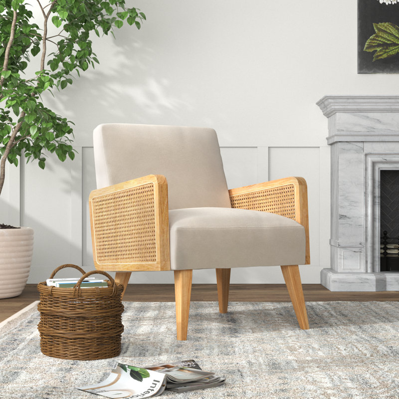 Mayenne Upholstered Accent Chair with Rattan Arms, Tan Velvet