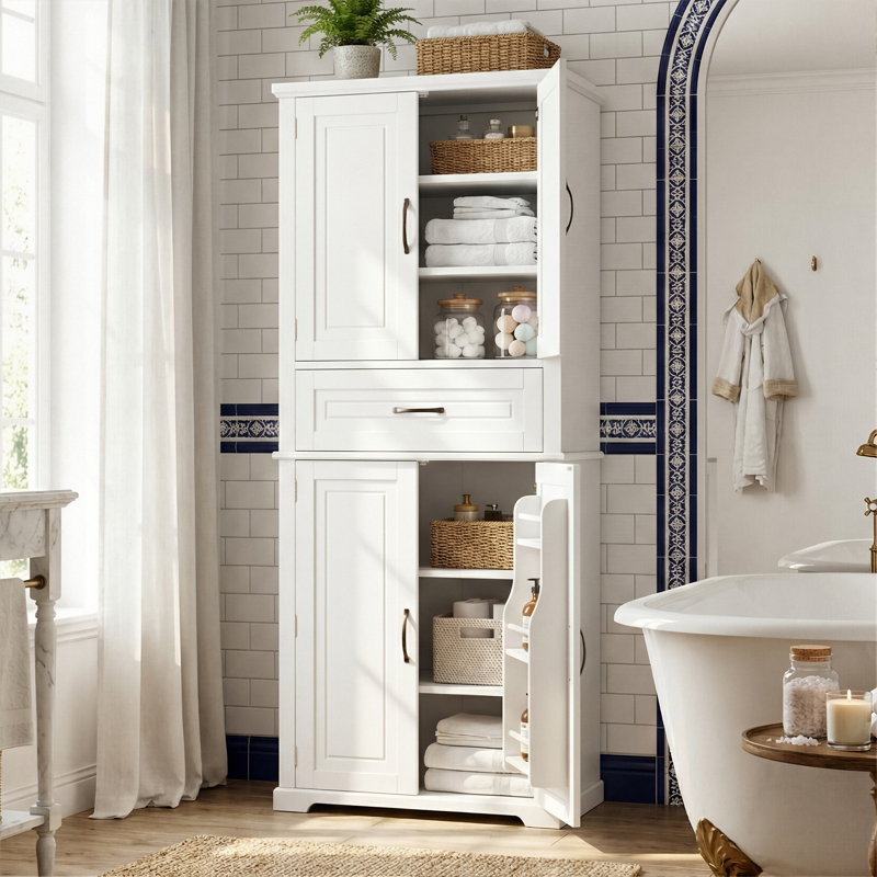 Armoire de rangement de 72 po de hauteur pour salle de bain avec supports de porte, tour de lin autoportante avec tiroir et tablettes réglables (noir / blanc / gris)