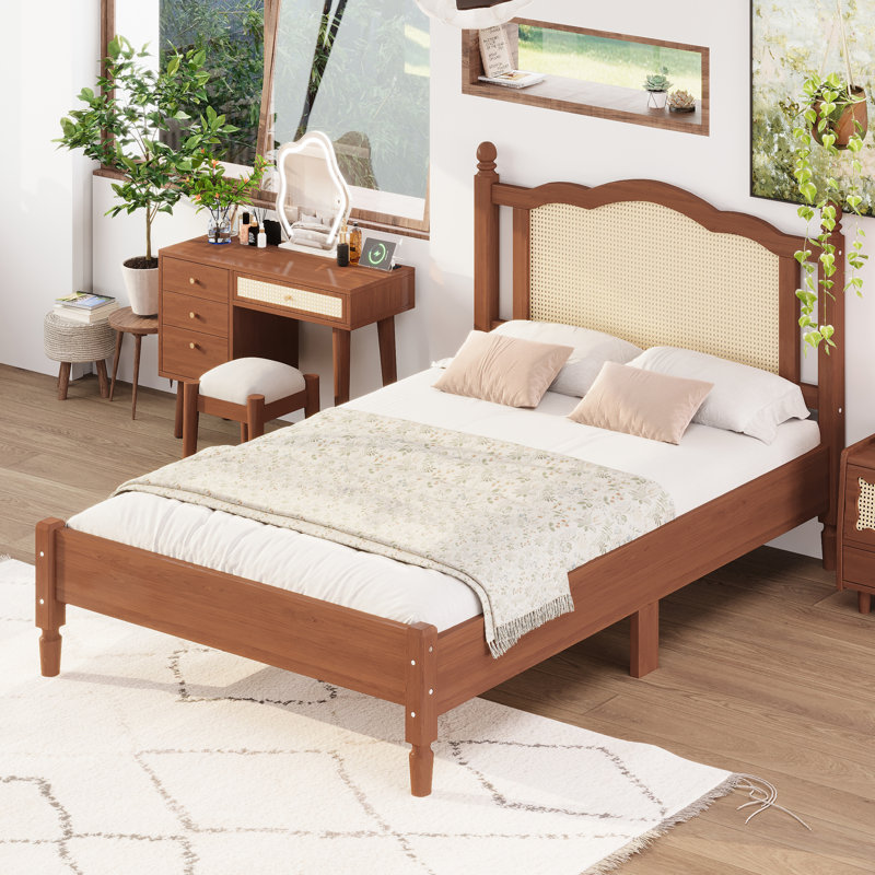Wooden Platform Underbed Storage Bed with Natural Rattan Headboard, Minimalist Design, No Box Spring Needed, Full, Walnut