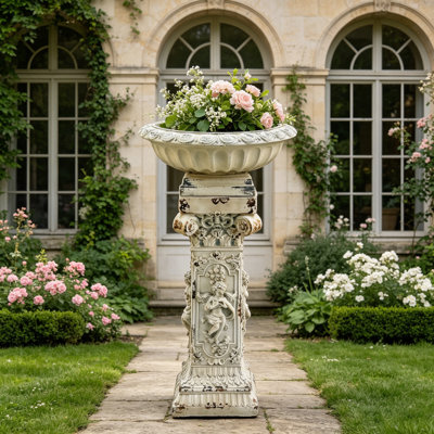 Ensemble de pot de fleurs romain antique avec urne et ange de jardin MGO, support de pot de fleurs à piédestal de 43,6 po de hauteur, présentoir intérieur extérieur pour les marches, la balustrade, le patio et le vestibule