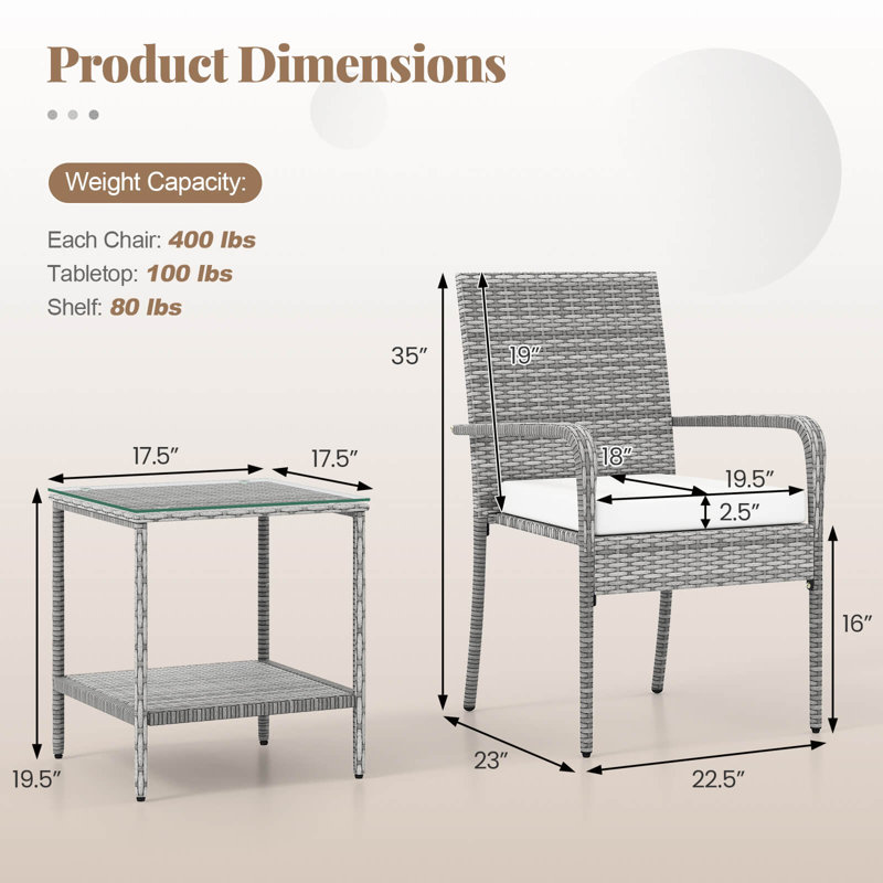 Ensemble de 3 meubles de patio avec coussins de siège et plateau de table en verre trempé gris et blanc, Blanc