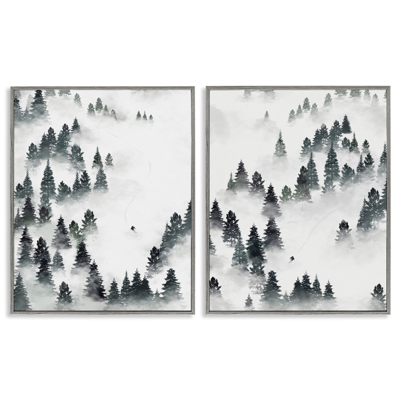 Winter Ski Slopes Mountain 2 Piece Grey Framed Giclee Art Set by Ziwei Li, 14" H x 22" W x 1.5" D