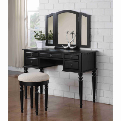 Bedroom Contemporary Vanity Set W Foldable Mirror Stool Drawers