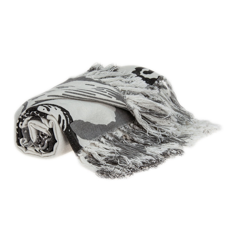 52" X 67" Ivory and Grey Woven Cotton Coastal Seashell Throw Blanket with Fringe