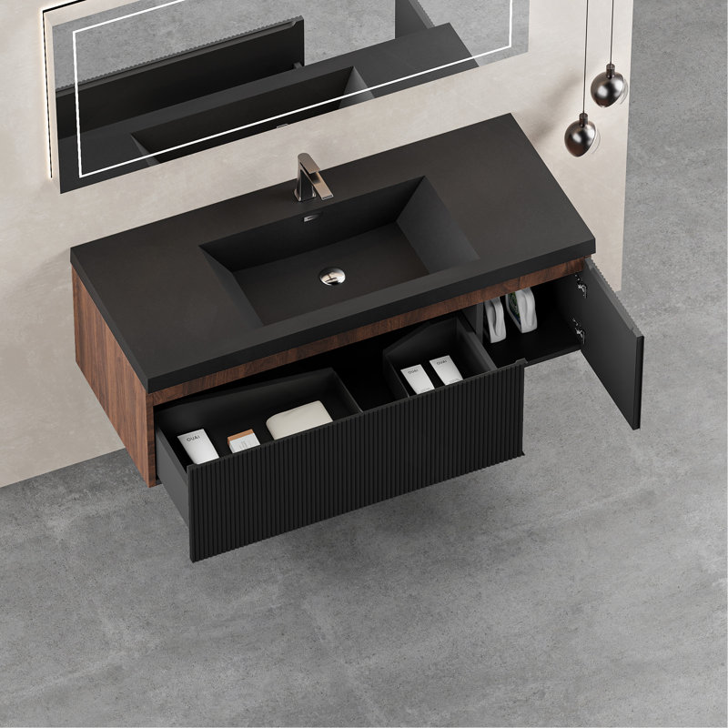 Meuble-lavabo flottant 48 po avec lavabo, meuble-lavabo mural rayé avec tiroirs à fermeture en douceur et cuve à sable en quartz noir entièrement assemblé
