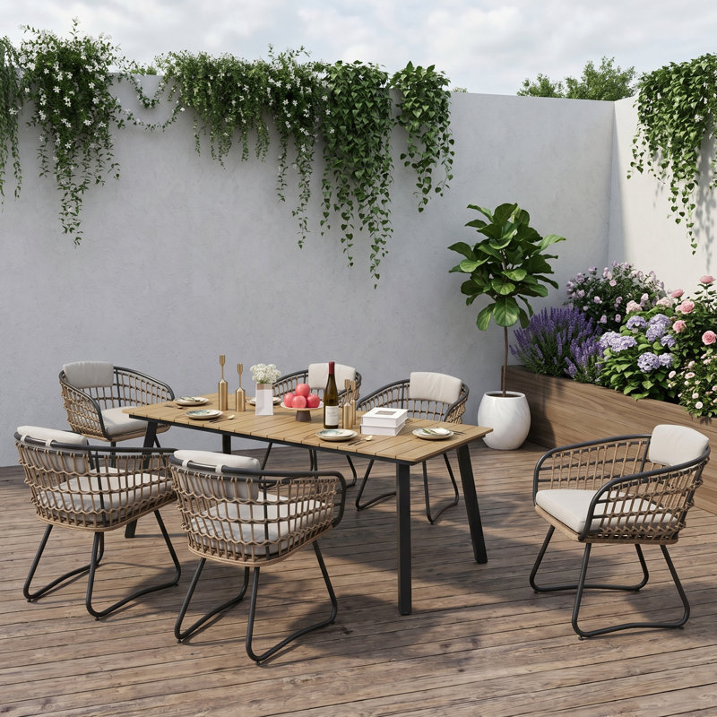 Ensemble de salle à manger d'extérieur en osier 7 pièces avec table rectangulaire et fauteuils rembourrés, ensemble de salle à manger pour 6 personnes