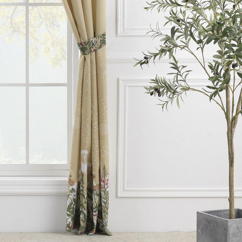 Taupe Floral Polyester Rod Pocket Light-Filtering Curtain Panels
