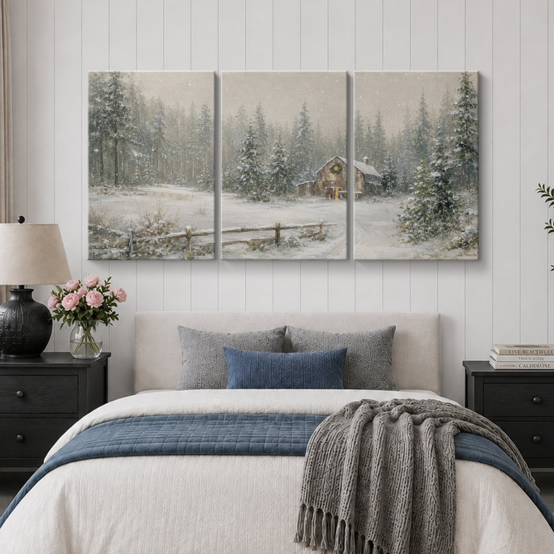«Snowy Winter Cabin Forest», art de chambre à coucher, impression sur toile encadrée, 3 pièces, 24" H x 48" W x 1.5" D