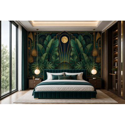 Papier peint Art déco avec motif de feuilles tropicales et cadre géométrique doré